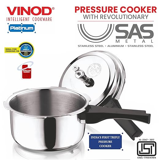 Vinod Platinum Triply Stainless Steel Outer Lid Pressure Cooker - 1. 5 litre/Induction and Gas Stove Friendly/ISI certified, Silver