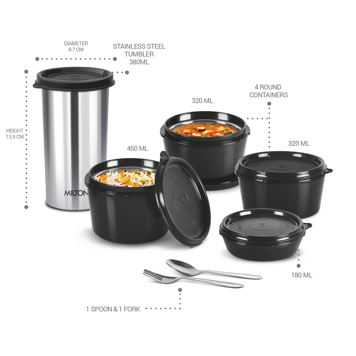 Style Mate Tiffin (4 Microwave Safe Inner Steel Containers, 180/320/320/450 ml; 1 SS Tumbler, 380 ml, Spoon and Fork) With Insulated Fabric Jacket, Grey