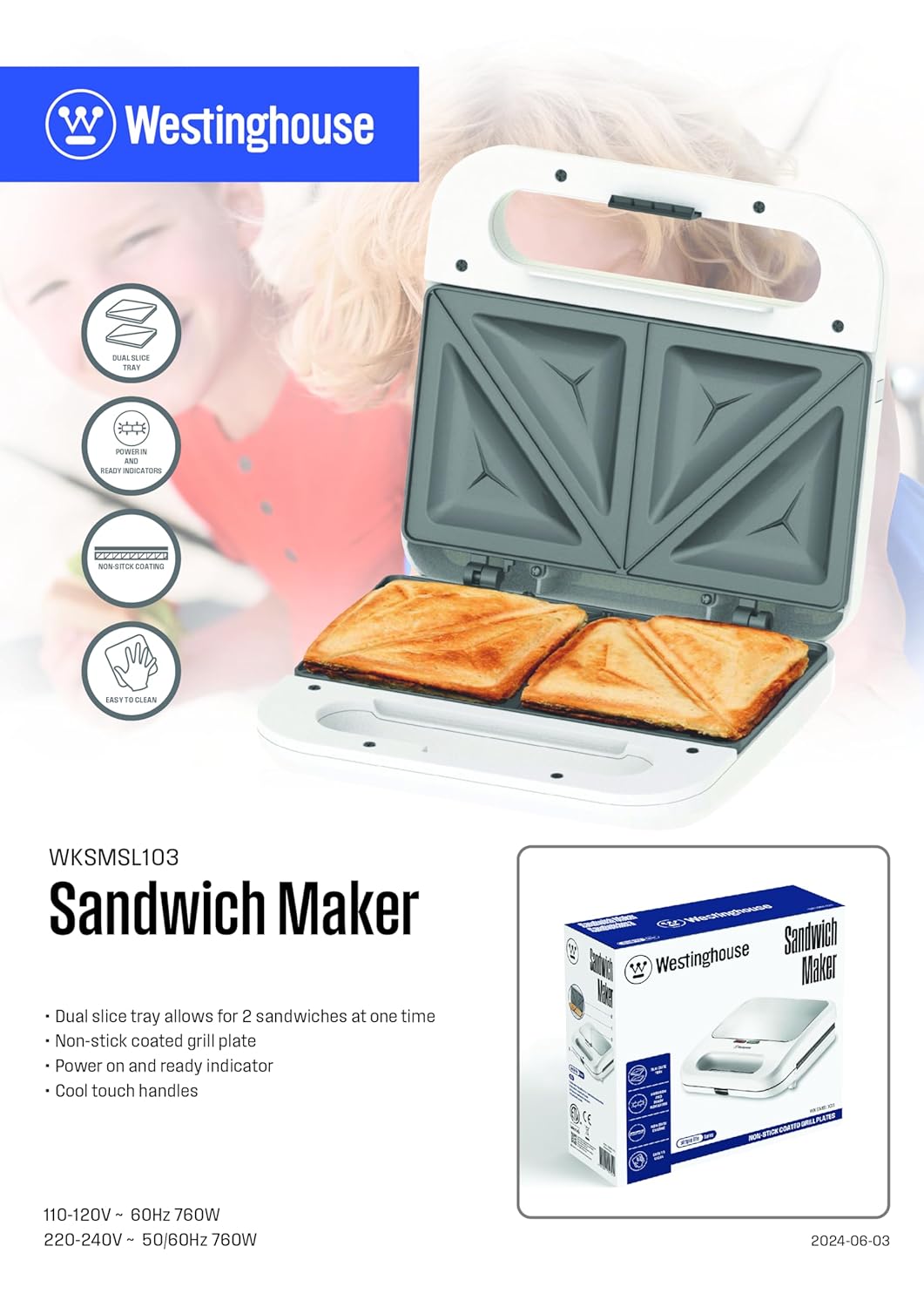Westinghouse Electric 760W 4 Slice Sandwich Maker & Toaster White | Non-Stick Coated Dual Grill Sandwich Plates for Sandwiches at Home | Power in & Ready Indicators