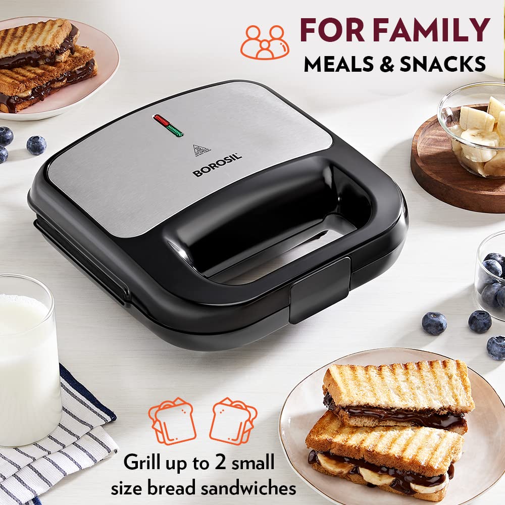 Borosil Klassy Grill Sandwich Maker 800 W, opens 90°