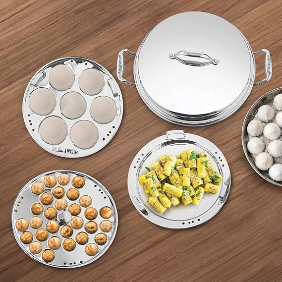 Argent Triply Silver Stainless Steel 28 cm Multi-Kadai With Lid & 6Pcs Plates (6.1 L) BGIN-9999