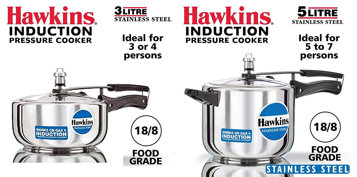 Hawkins Stainless Steel Pressure Cooker 3 (Wide) and 5 litres, Set of 2