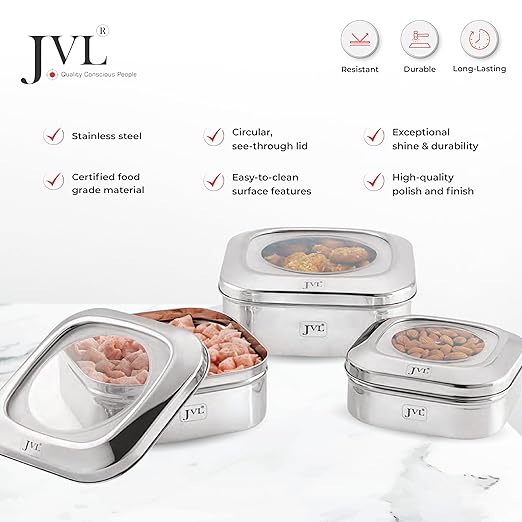 JVL Stainless Steel Kitchen's Storage Costa Square Shape Container Box with See Thorugh Lid - 2000 ml - 1 Pcs
