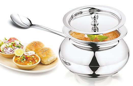 Mukti Stainless Steel Food Storage Handis & Cooking Pots|Curry Pots, Gravy, Rice Patilas, Biryani Kadhai & Topes|Zaika Handi with Lid|1750ml x 1pc