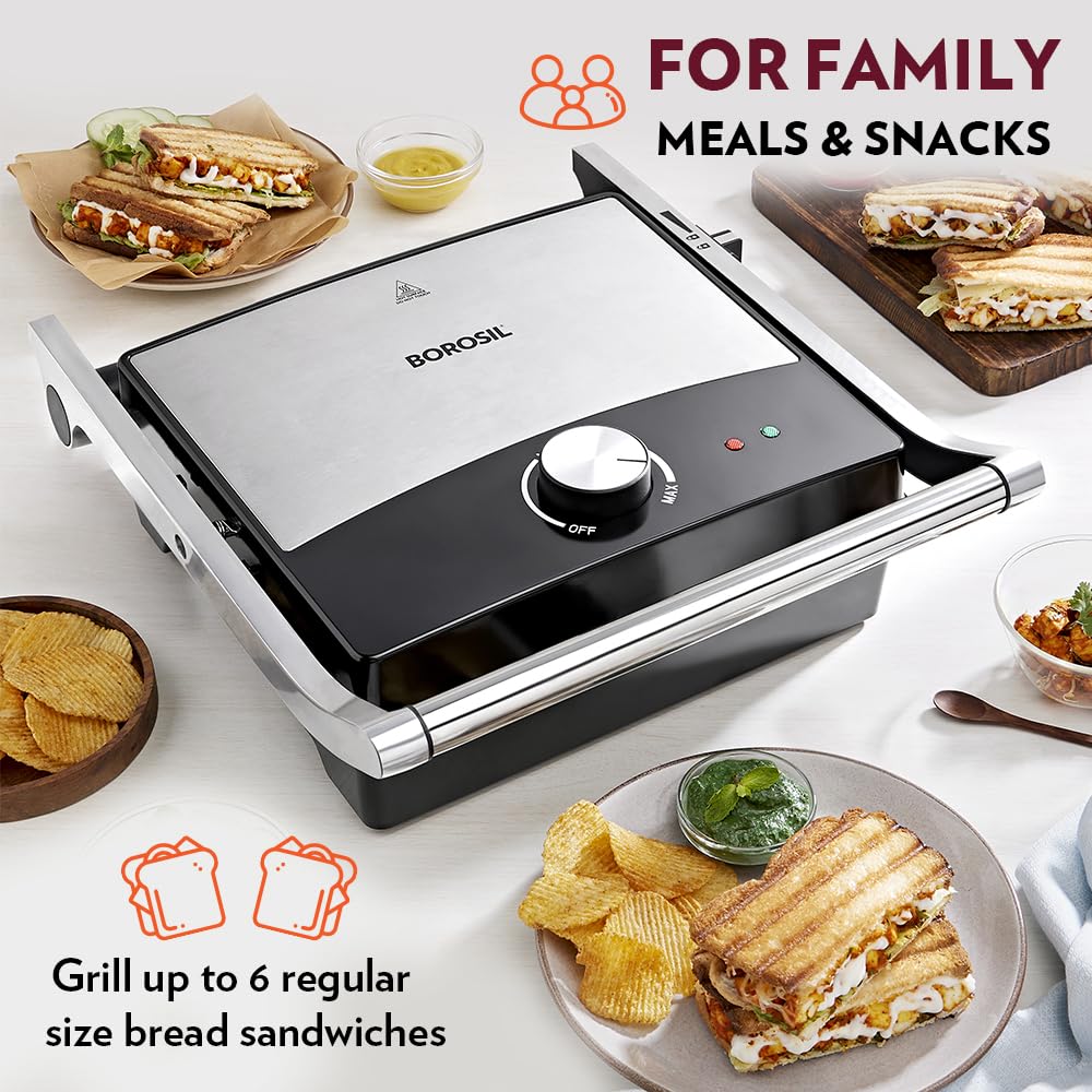Borosil Jumbo 180° Grill Sandwich Maker 1500 W, opens 180°, 4 sandwiches
