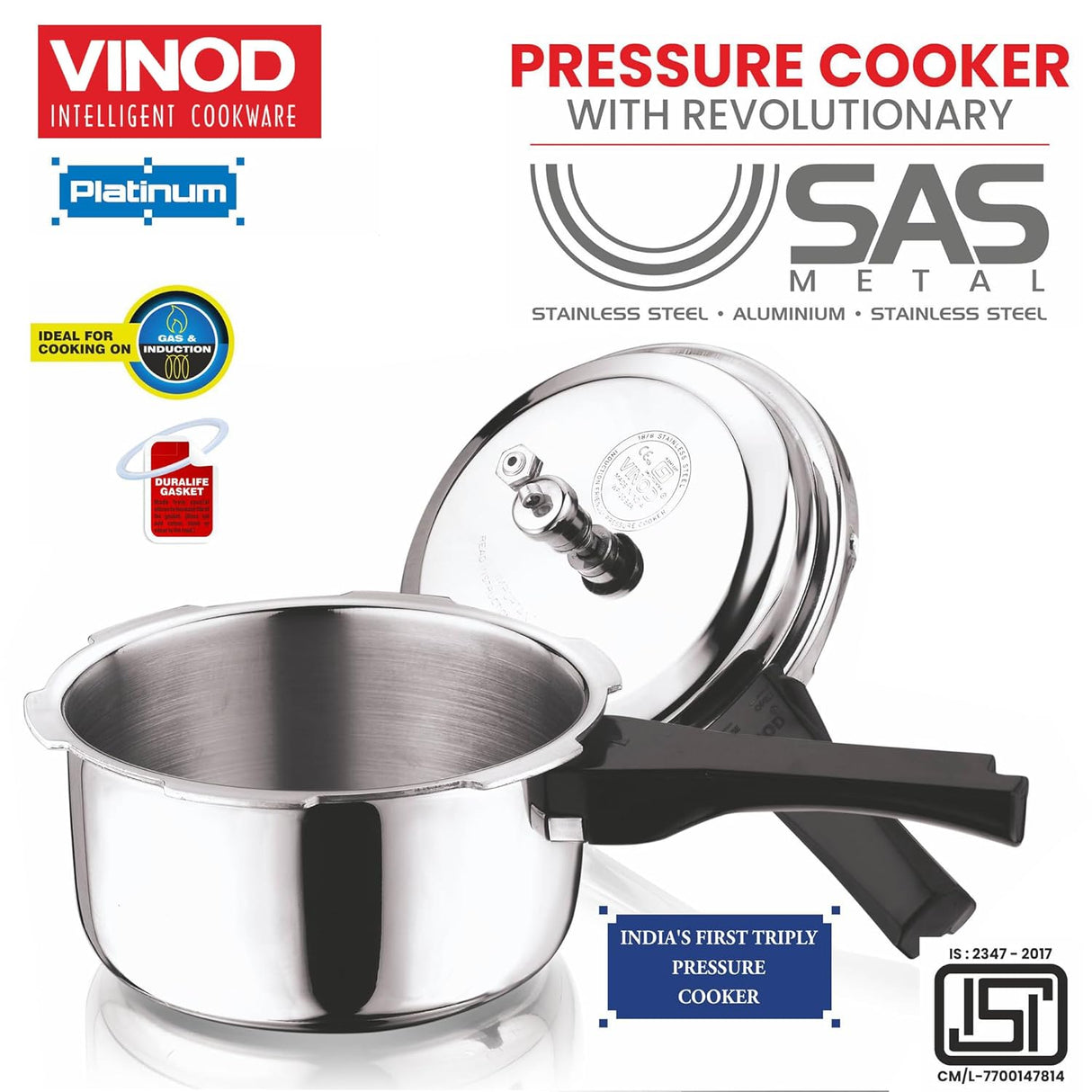 Vinod Platinum Triply Stainless Steel Outer Lid Pressure Cooker 5 Litres - ISI certified, Silver (Induction and Gas Stove Friendly)