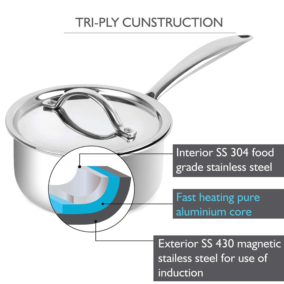 Cello 18 CM Tri-Ply SAUCE PAN with Stainless Steel Lid (2.2 LTR )