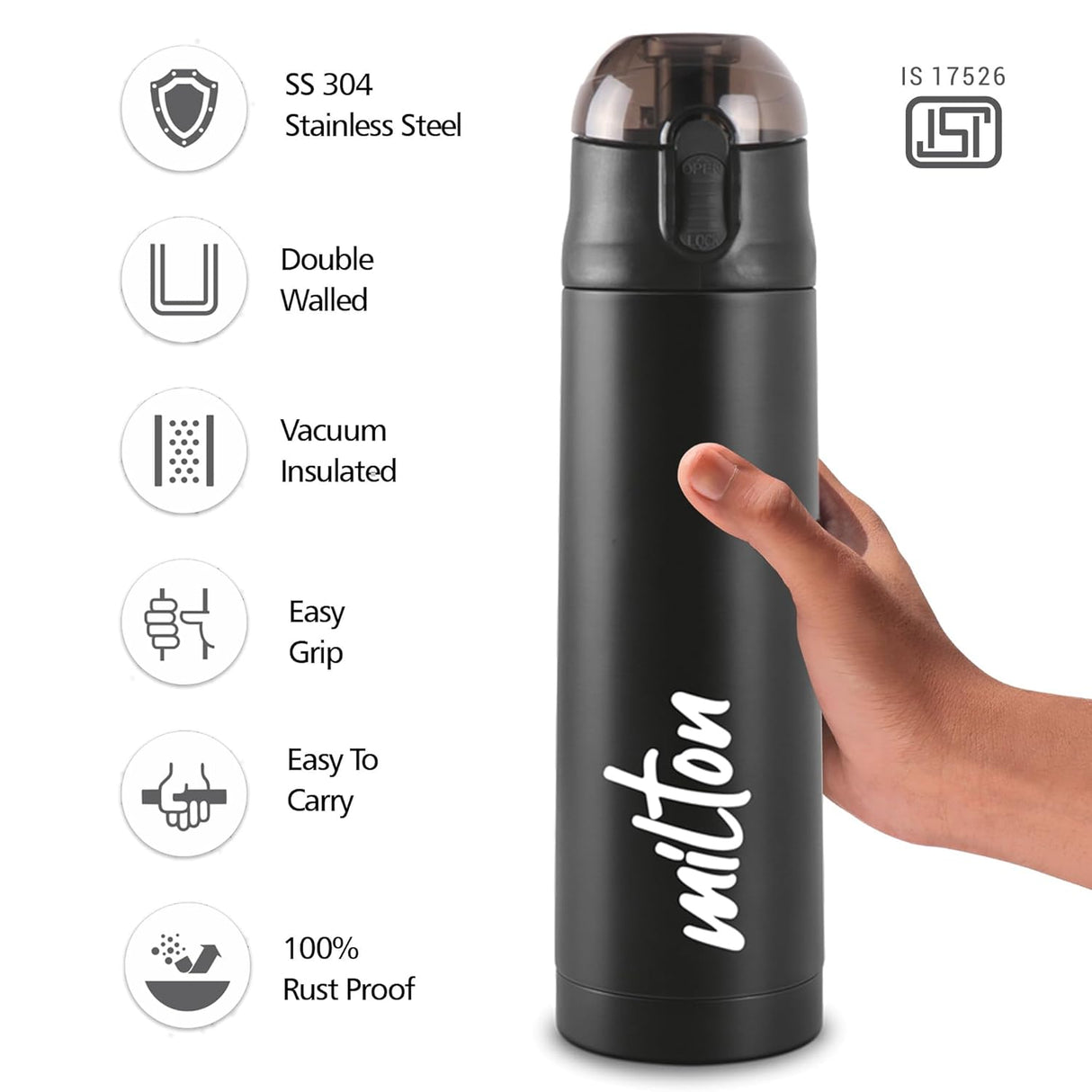 New Crown 400 Thermosteel Water Bottle 600 ml with One Touch Safety Lock, 24 Hours Hot and Cold, Leak Proof Lid, ISI Certified I Vacuum Insulated I for Office, Gym, School