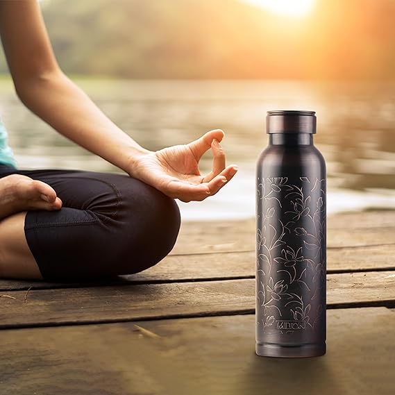Milton Copper Swasth Water Bottle, 940 ml, Black Lotus | Lacquer Coating, Curved bottle | Diwali | Festive | Gifting | Yoga | Home | Kitchen | Vedic