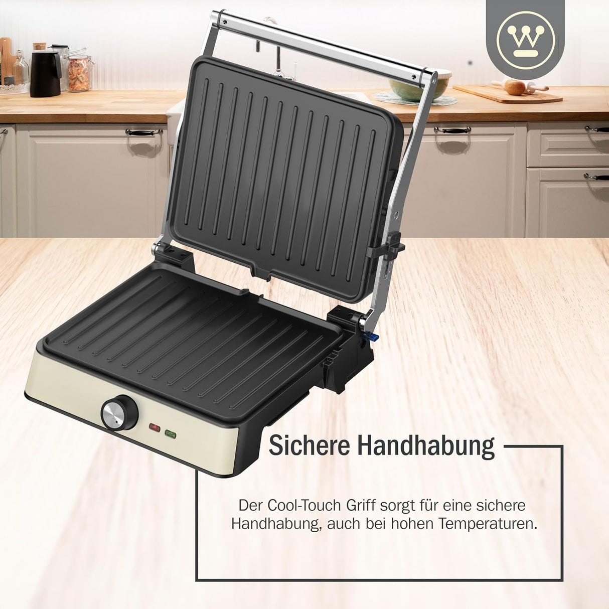 2200W Retro Contact Grill | Double Sided Non-Stick Grill Plate for Indoor Table Grilling | Opens 180° to Double Size | Adjustable Height Control | Cool Touch Handles | (White WKCG907WH)