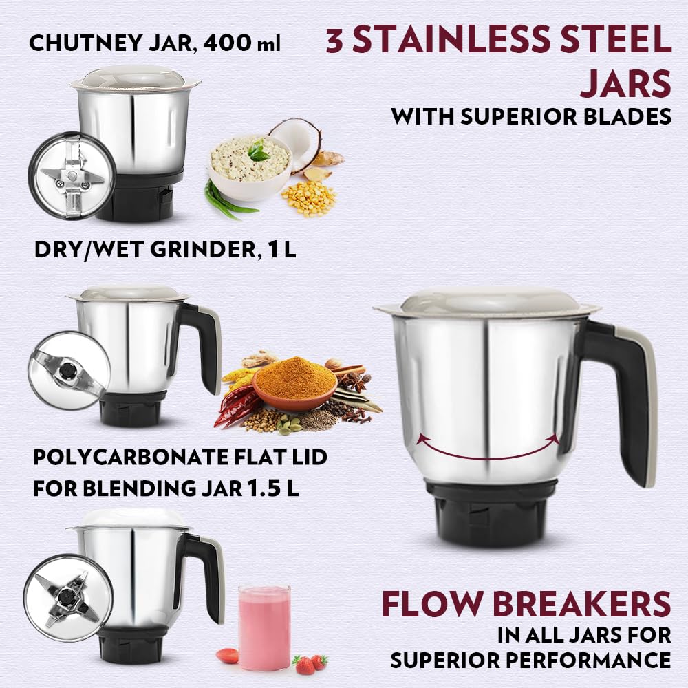 Borosil 750W Infinity Mixer Grinder with 4 Stainless Steel Jars (1.5L Jar with Fruit Filter, 1.5L Blending Jar, 1L Dry/Wet Grinder Jar, 400ml Chutnery Jar), Kitchen Mixie