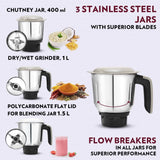 Borosil 750W Infinity Mixer Grinder with 4 Stainless Steel Jars (1.5L Jar with Fruit Filter, 1.5L Blending Jar, 1L Dry/Wet Grinder Jar, 400ml Chutnery Jar), Kitchen Mixie