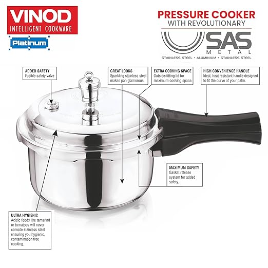 Vinod Platinum Triply Stainless Steel Outer Lid Pressure Cooker 3 Litre Capacity - ISI Certified, Silver, Induction Friendly, Pressure Cooker for Home Cooking