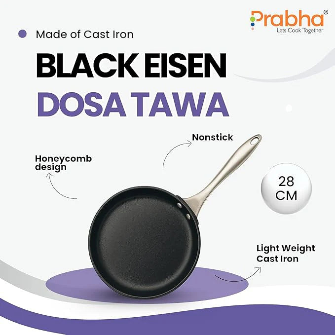 Prabha Black Eisen Cast Iron Dosa Tawa With Steel Handle