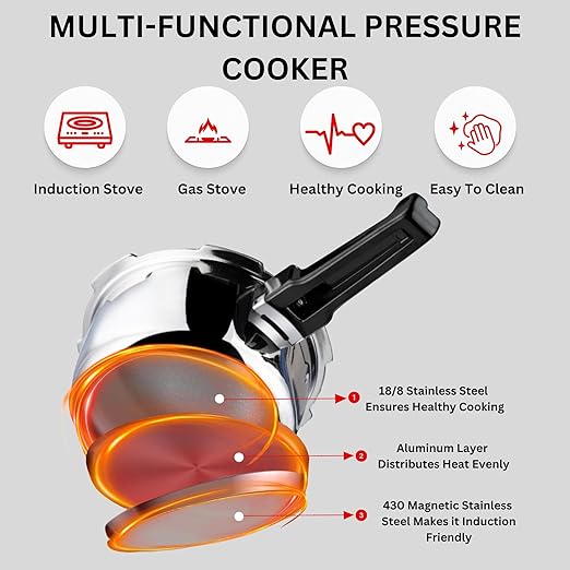 Vinod Platinum Triply Stainless Steel Outer Lid Pressure Cooker with Induction Base - 7 Litre capacity (ISI certified, Silver, Induction and Gas Stove Friendly