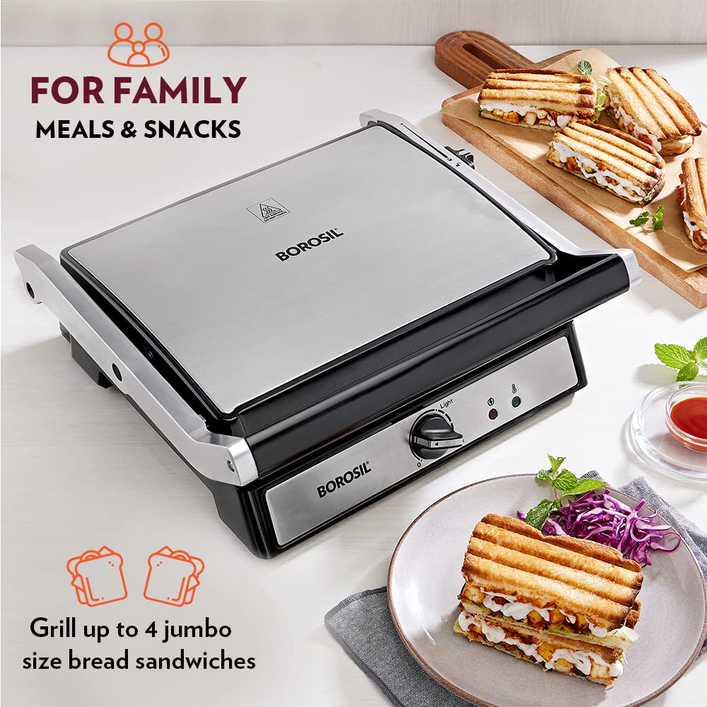 Borosil Super Jumbo 180 Grill Sandwich Maker 2000 W, opens 180°