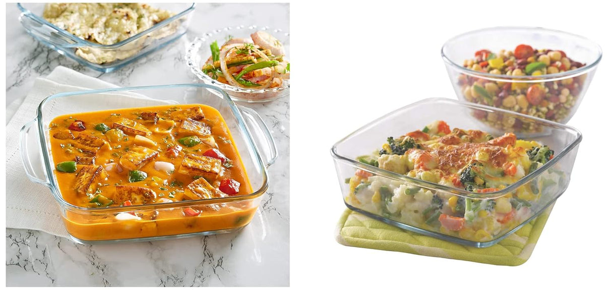 Borosil - Ih77Gs03702 Glass Mixing Bowl and Square Dish with Lid Set, 2-Pieces, Transparent Ih22Dh12216 Glass Baking Dish 1.3 L, Microwave Safe & Oven Safe