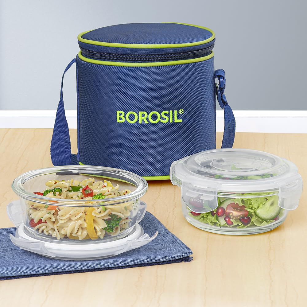Borosil Klip n Store Lunchbox with Bag | Set of 2 (400ml Each) | Borosilicate Glass, Round, Vertical | Microwave & Dishwasher Safe, Leak Proof | Tiffin for Office, School, College | Blue, Transparent