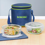 Borosil Klip n Store Lunchbox with Bag | Set of 2 (400ml Each) | Borosilicate Glass, Round, Vertical | Microwave & Dishwasher Safe, Leak Proof | Tiffin for Office, School, College | Blue, Transparent