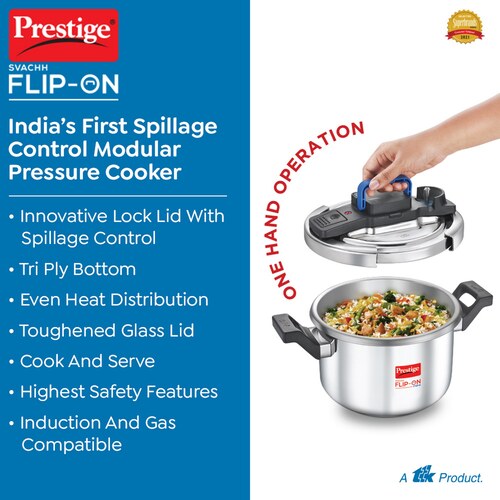 Prestige Svachh Flip-on Stainless Steel Spillage Control Pressure Cooker with Glass Lid, 5 Litre (Silver) 20157