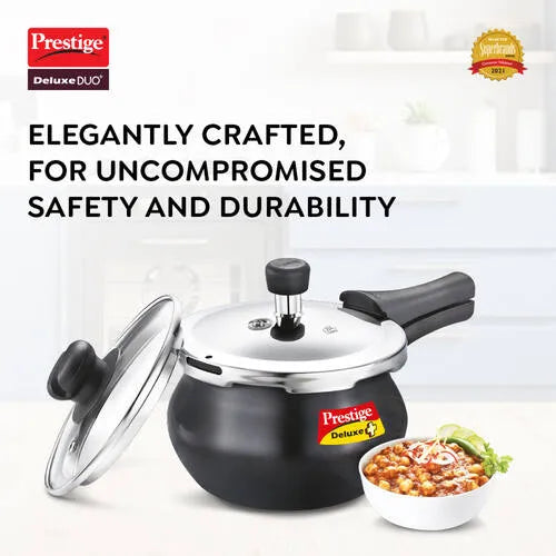 Prestige Deluxe Duo Plus Hard Anodised Pressure Cooker with 1 Glass Lid and 1 Stainless Steel Lid, 3 L (Black)20144