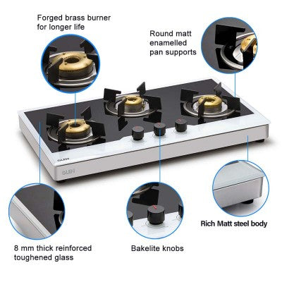 Glen 1073 FB BW AI FFD 3 Forged Brass Burner Glass Gas Hob Free Standing (Flame Failure Device)