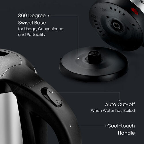 PKOSS Stainless Steel Electric Kettle 1.5L, 1350W | Concealed Element | Automatic Cut-Off | 360° Swivel Base