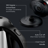 PKOSS Stainless Steel Electric Kettle 1.5L, 1350W | Concealed Element | Automatic Cut-Off | 360° Swivel Base