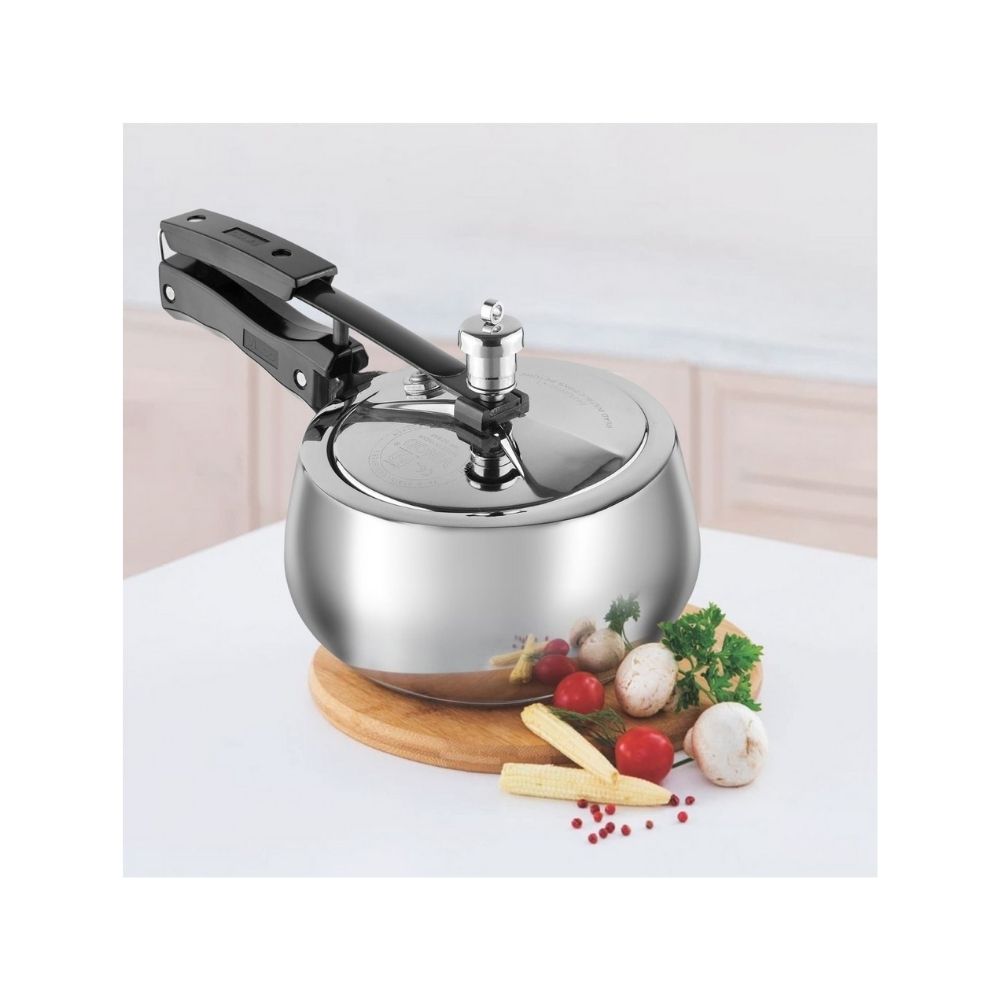 Vinod 2 Litre Europa Pressure Cooker 18/8 Stainless Steel Handi Shape Inner Lid