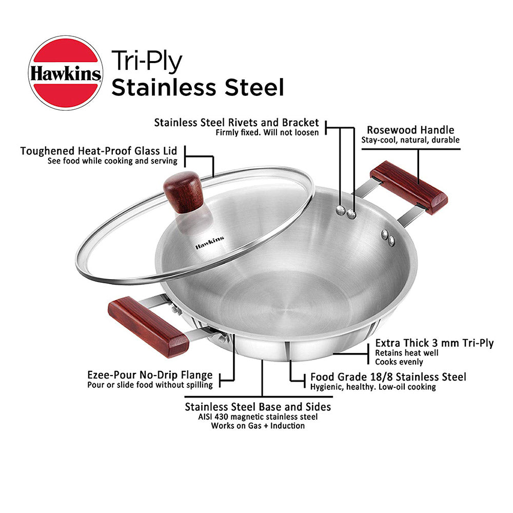 Hawkins Tri-Ply Stainless Steel Deep Fry Pan With Lid 2.5 Litre