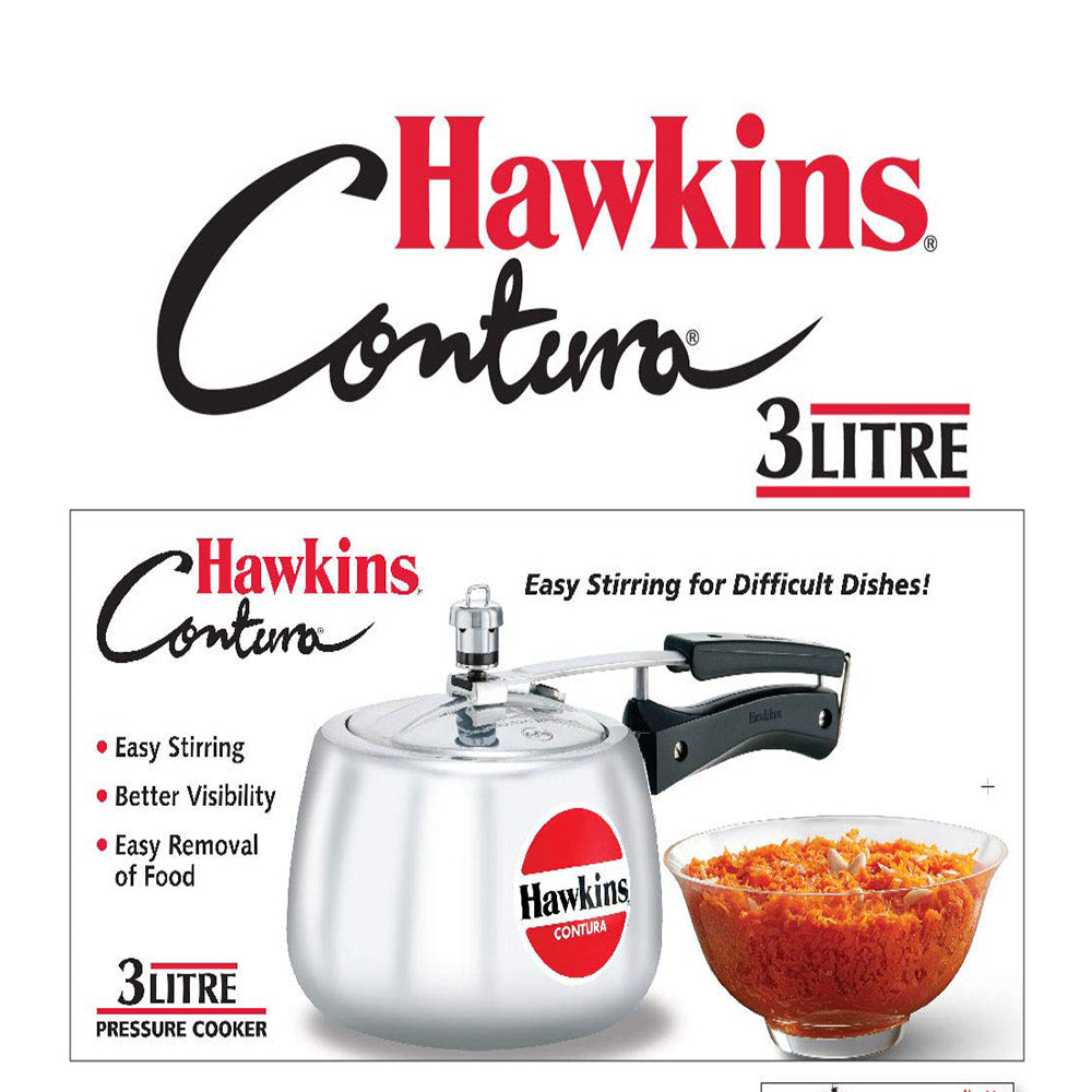 Hawkins Contura Pressure Cooker 3 Litre: HC30 with Hawkins Genuine 2 Gasket & 2 Safety Valve