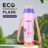 Pexpo Pixy 500 Cute Design |Hot & Cold Thermoflask - 470ml, Rabbit Print|Stainless Steel Water Bottle for 6+ Years Kids & Adults|Vacuum Insulated|Portable Handle|Double Wall