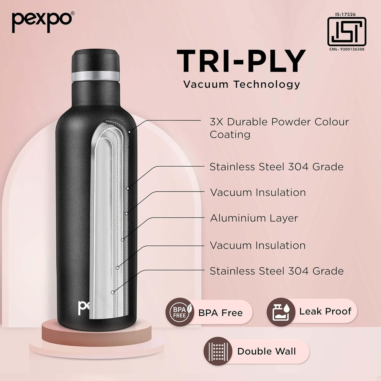 Pexpo Stainless Steel Hot and Cold Vacuum Insulated ISI Certified Flask,750ml,Black, | Double Wall Flask | BPA Free | Office | School | Home | Hiking | Gym