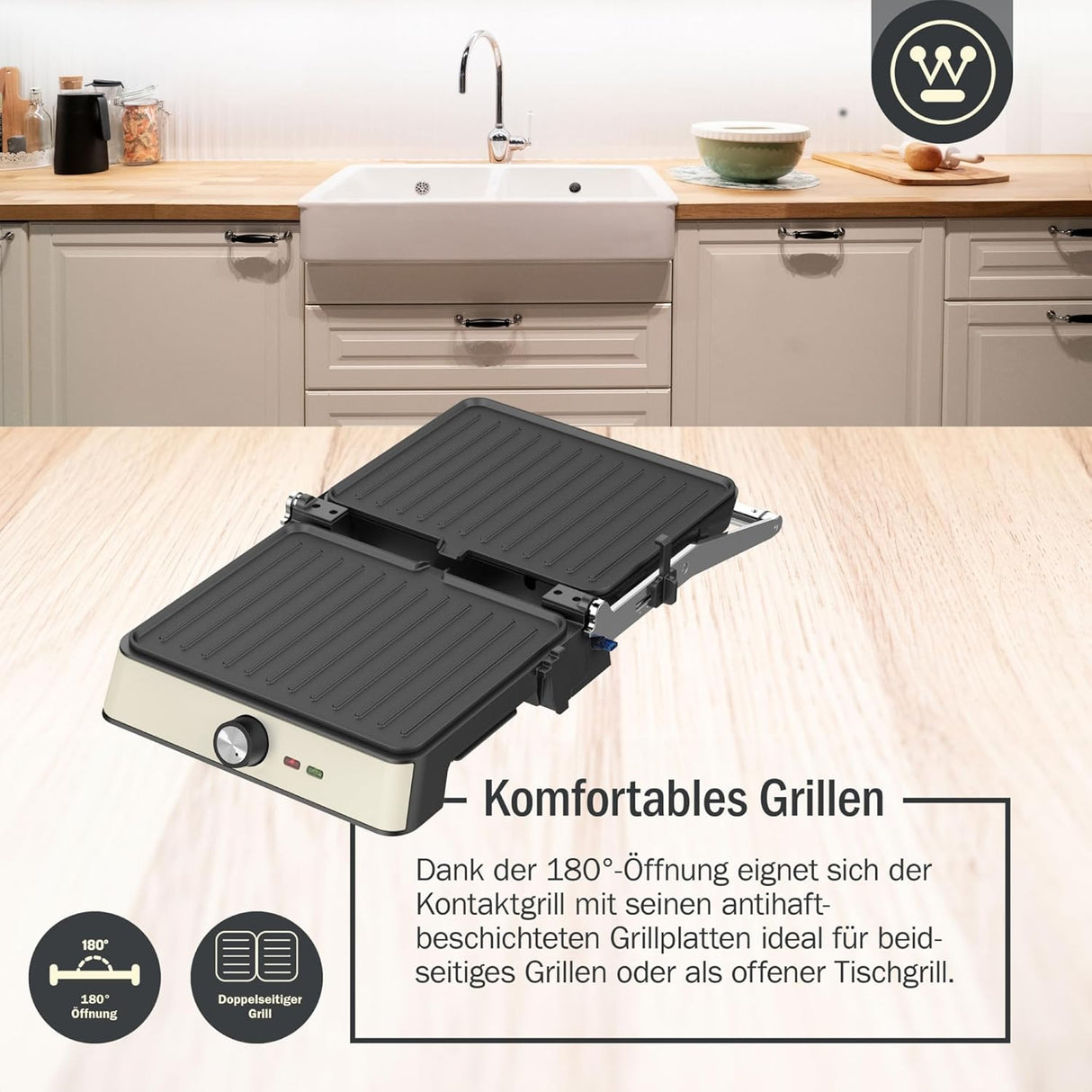 2200W Retro Contact Grill | Double Sided Non-Stick Grill Plate for Indoor Table Grilling | Opens 180° to Double Size | Adjustable Height Control | Cool Touch Handles | (White WKCG907WH)