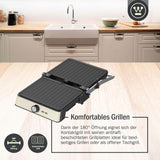 2200W Retro Contact Grill | Double Sided Non-Stick Grill Plate for Indoor Table Grilling | Opens 180° to Double Size | Adjustable Height Control | Cool Touch Handles | (White WKCG907WH)