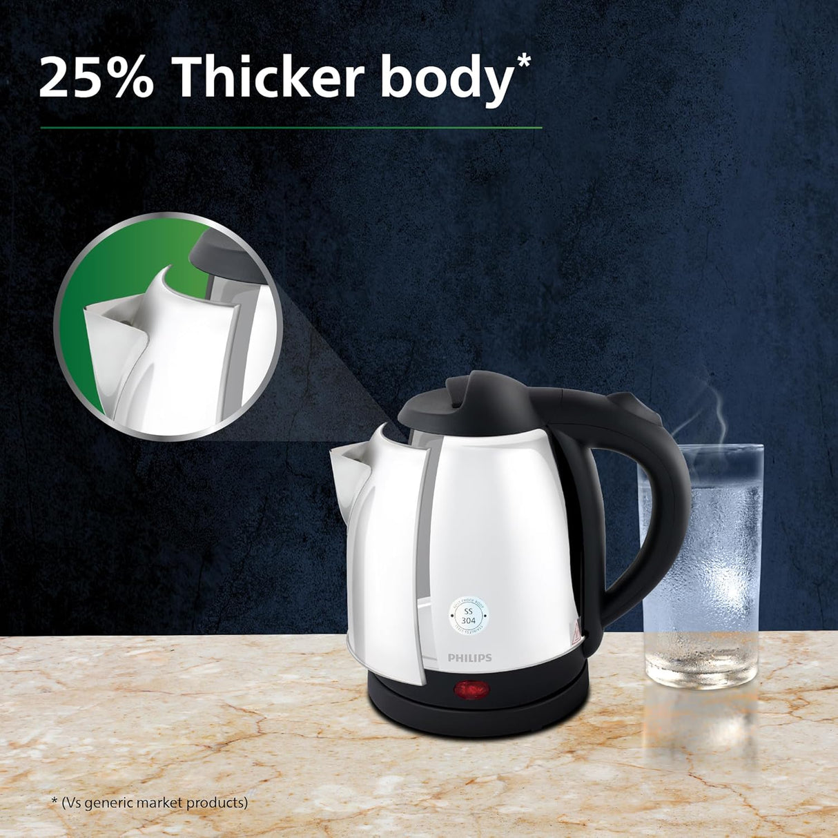 HD9373/00 Electric Kettle | 1.5L | 25% Thicker Stainless Steel Body | Triple Safe Auto Cut-Off | Rust-Proof Design