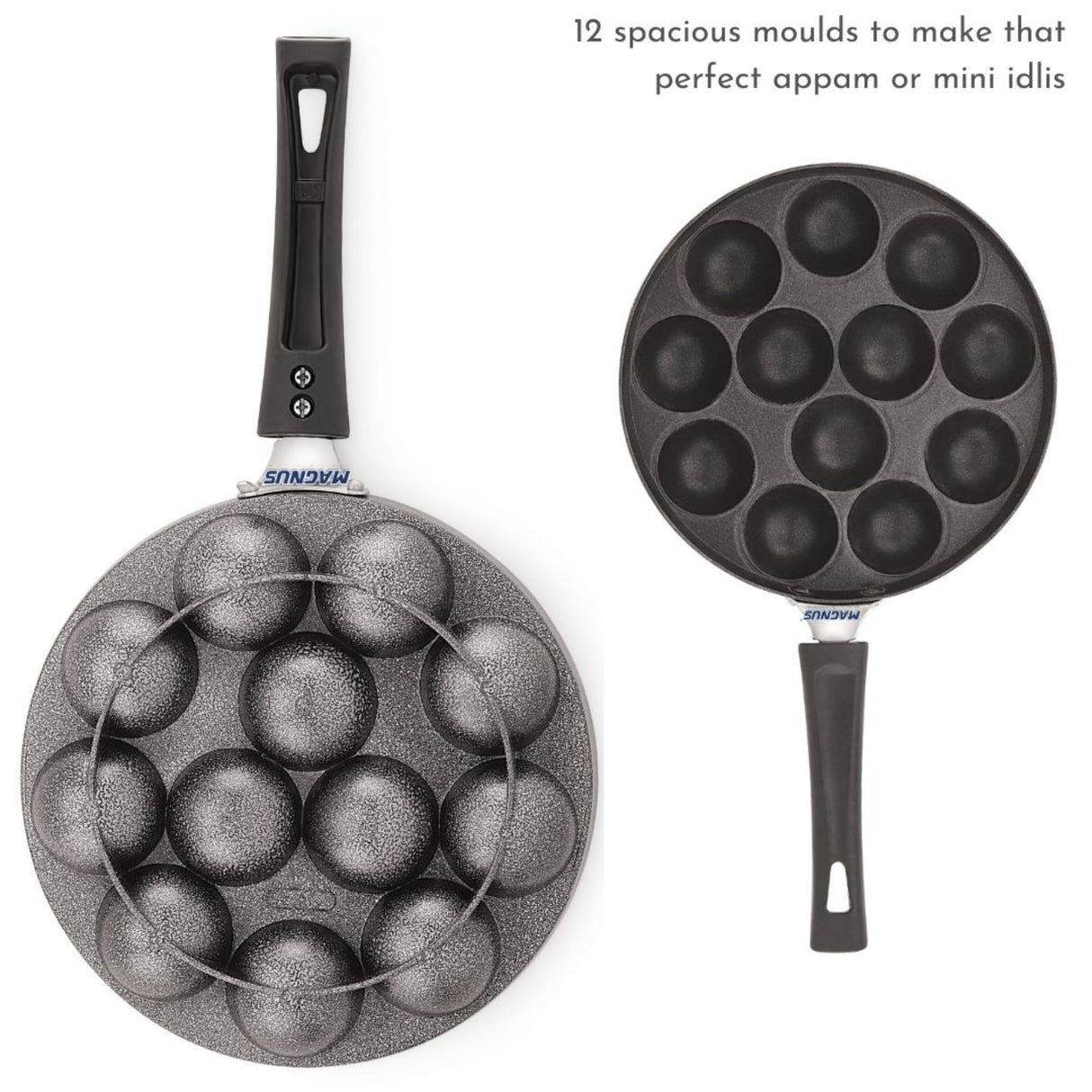 Appam Patra with Stainless Steel Lid | 12 Cavity Non-Stick Pan | Induction Friendly | Heavy Duty Aluminum | Single Handle with SS Lid | Appam Pan | Litti Maker | Black