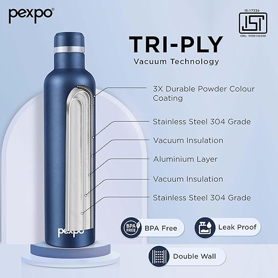 Pexpo Stainless Steel Hot and Cold Vacuum Insulated ISI Certified Flask,750ml, Denim Blue, | Double Wall Flask | BPA Free | Office | School | Home | Hiking | Gym