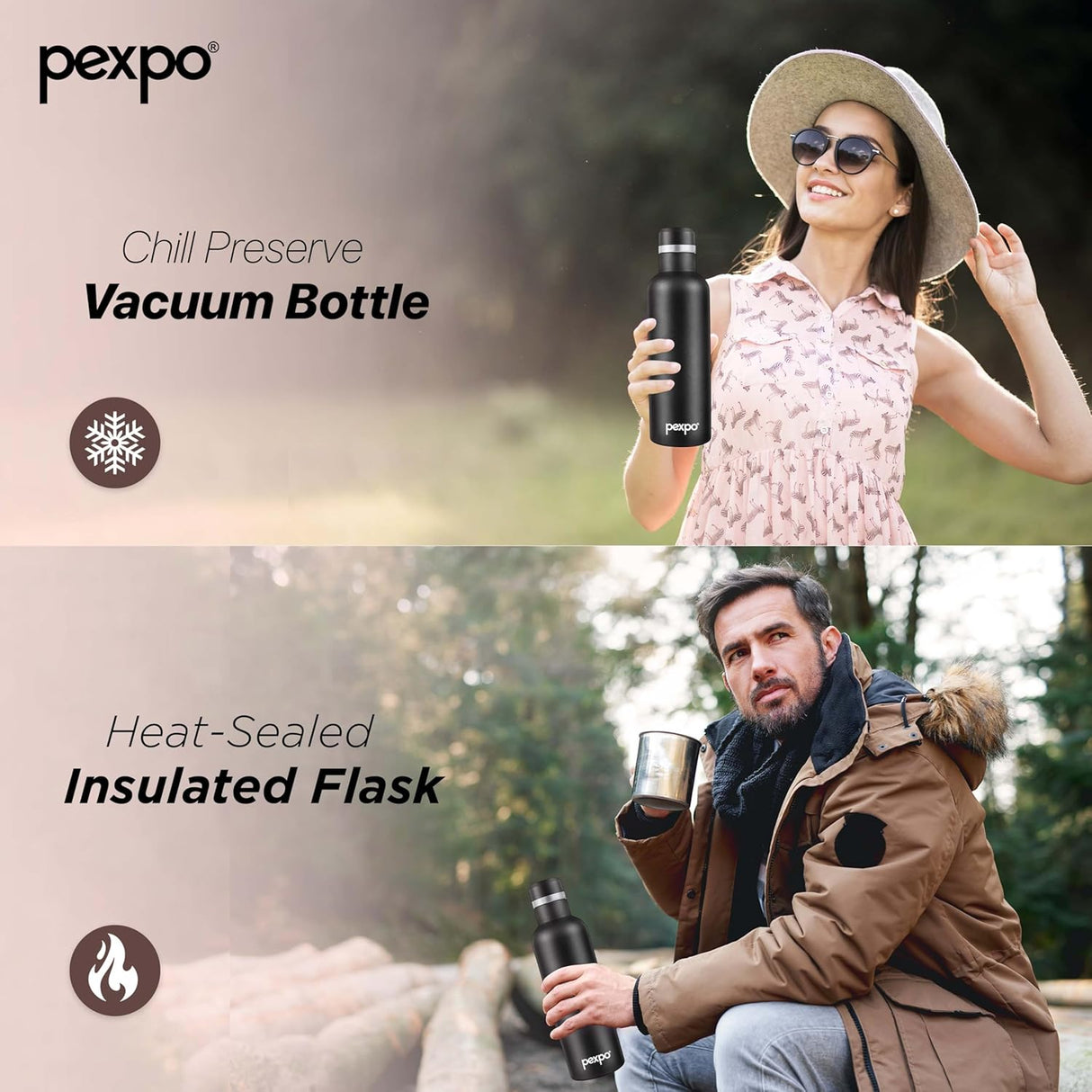 Pexpo Stainless Steel Hot and Cold Vacuum Insulated ISI Certified Flask,750ml,Black, | Double Wall Flask | BPA Free | Office | School | Home | Hiking | Gym