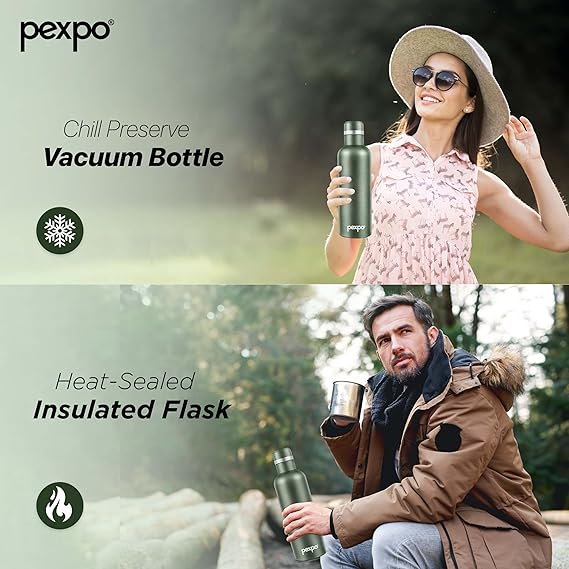 Pexpo Stainless Steel Hot and Cold Vacuum Insulated ISI Certified Flask,500ml, Military Green| Double Wall Flask | BPA Free | Office | School | Home | Hiking | Gym