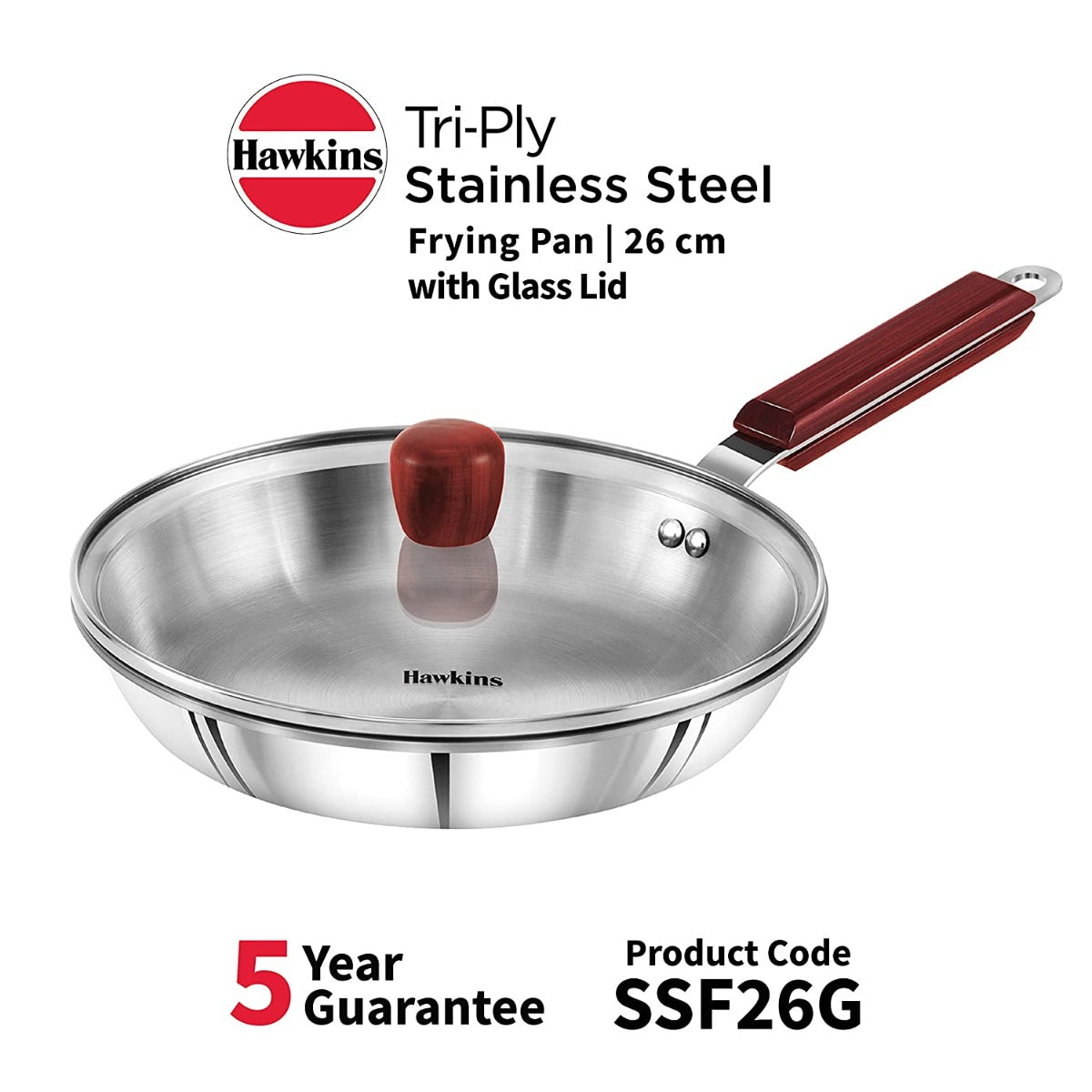 Hawkins 26 cm SSF26G Tri-ply Stainless Steel Frying Pan with Glass Lid 