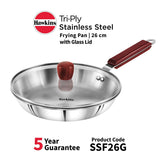 Hawkins 26 cm SSF26G Tri-ply Stainless Steel Frying Pan with Glass Lid 