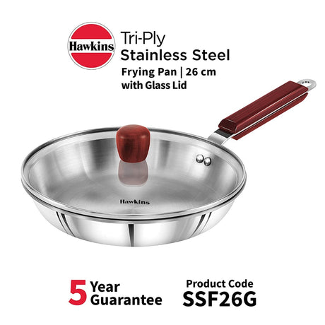 Hawkins 26 cm SSF26G Tri-ply Stainless Steel Frying Pan with Glass Lid 