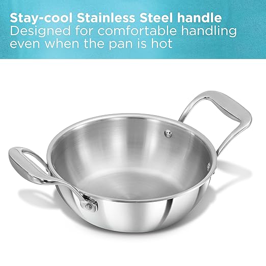 Hawkins Pro 1.5 Litre Deep-Fry Pan, Triply Stainless Steel Kadhai with Steel Handles and Steel Lid, Small Kadhai, Silver (PSK15S)