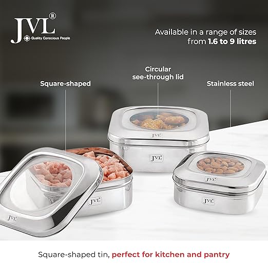 JVL Stainless Steel Kitchen's Storage Costa Square Shape Container Box with See Thorugh Lid - 2000 ml - 1 Pcs