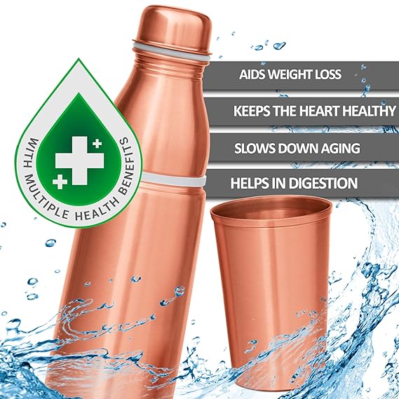 Milton Copper Combo 1000 Bottle with Tumbler, 890 ml,Durable & Rust Proof Tamba Bottle with Glass for Drinking,100% Pure Copper, BPA Free, Leak Proof, Boosts Immunity