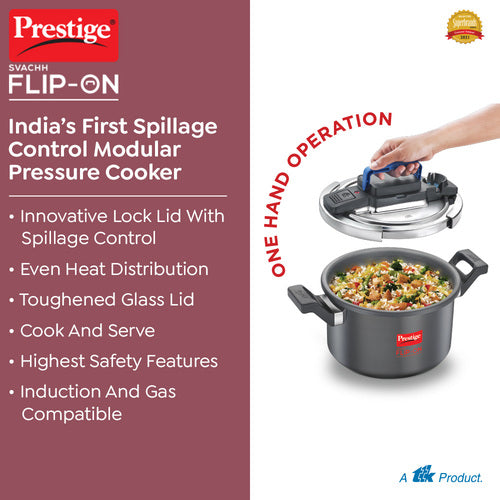 Prestige Svachh Flip-on Hard Anodised Gas and Induction Compatible Pressure Cooker with Glass Lid, 5 Litre (Black) 20161