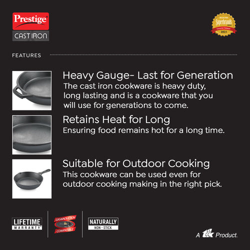 Prestige Cast Iron Scratch Resistant Gas and Induction Compatible Fry Pan, 25cm (Black) 30559