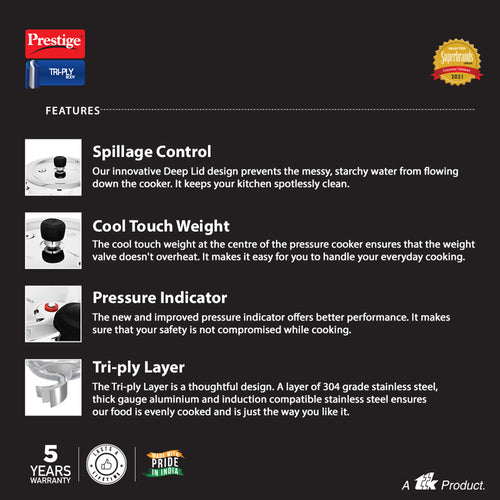 Prestige Svachh Triply Outer Lid Pressure Cooker with Unique Deep Lid for Spillage Control, 5 Litre, Silver 20703