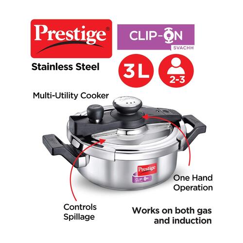 Prestige Clip-on Svachh Stainless Steel Spillage Control Pressure Cooker with Glass Lid, (Silver) 20229